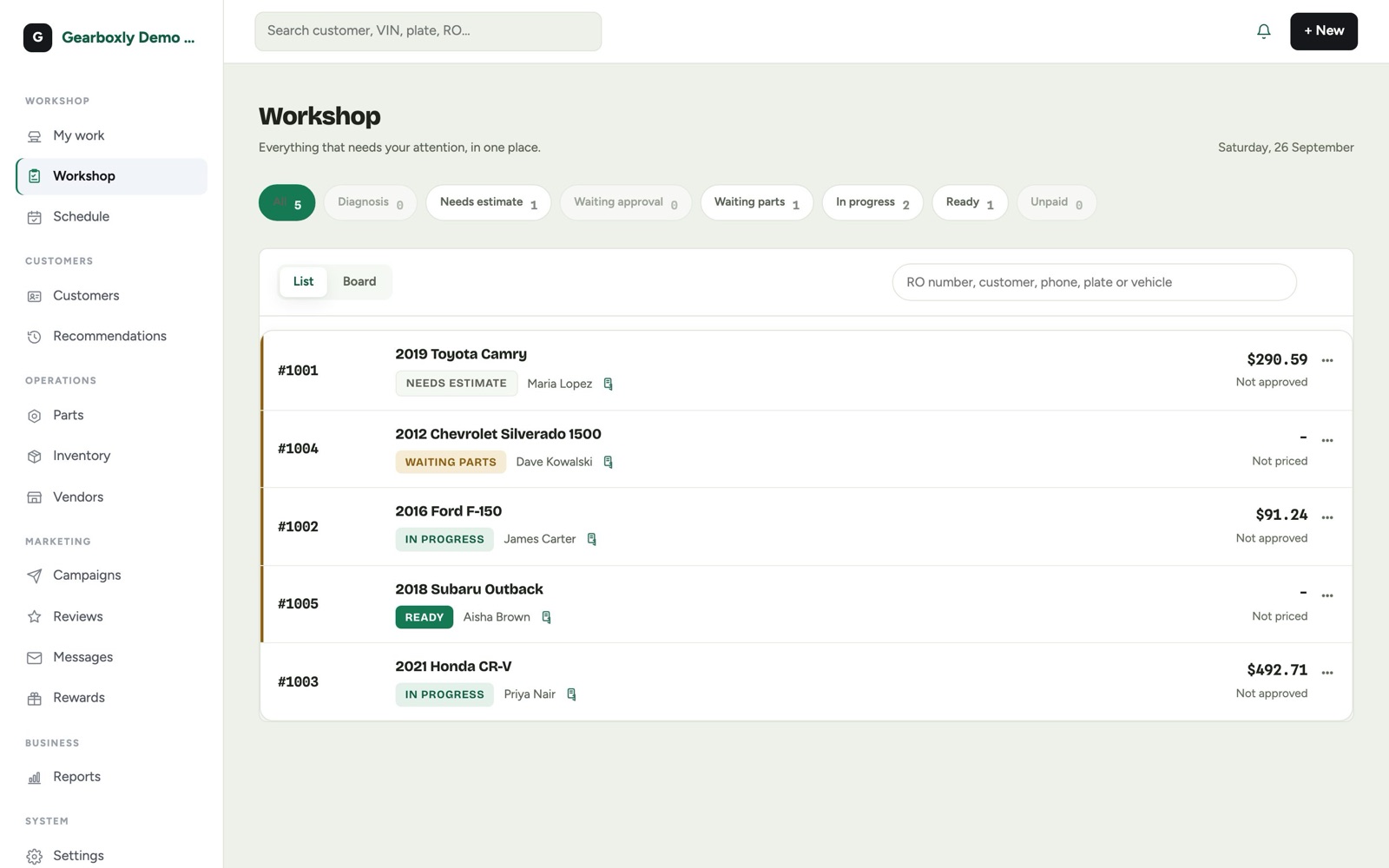 Gearboxly Workshop list of repair orders with status filters like needs estimate, waiting parts and ready