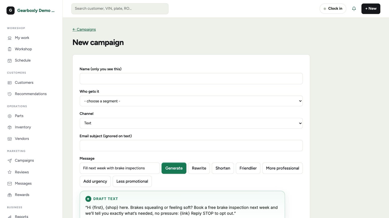 Gearboxly new campaign form with an AI-drafted text message and buttons to rewrite, shorten or make it friendlier