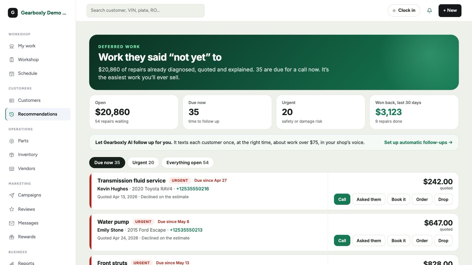 Gearboxly Recommendations page listing declined work with totals for open, due now, urgent and won back