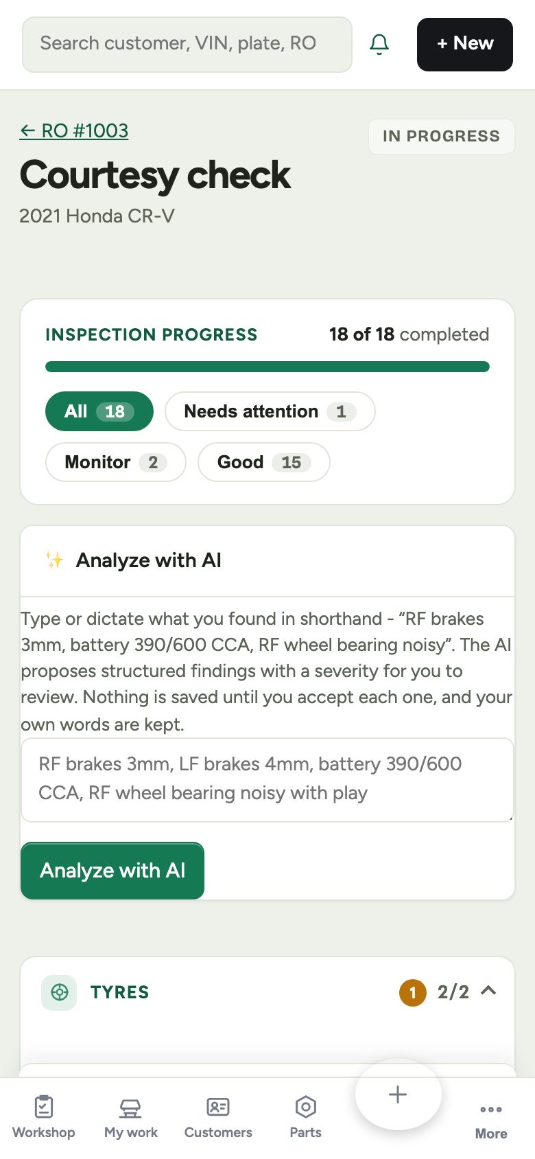 A courtesy check on a phone with inspection progress and an Analyze with AI box containing a tech's shorthand notes