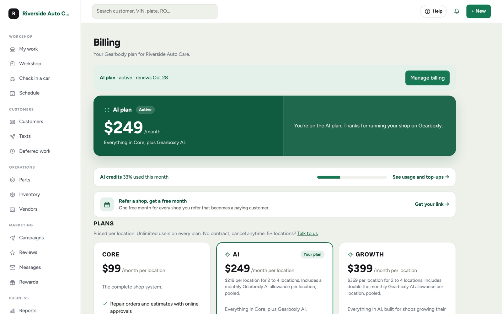The billing page with the three plans