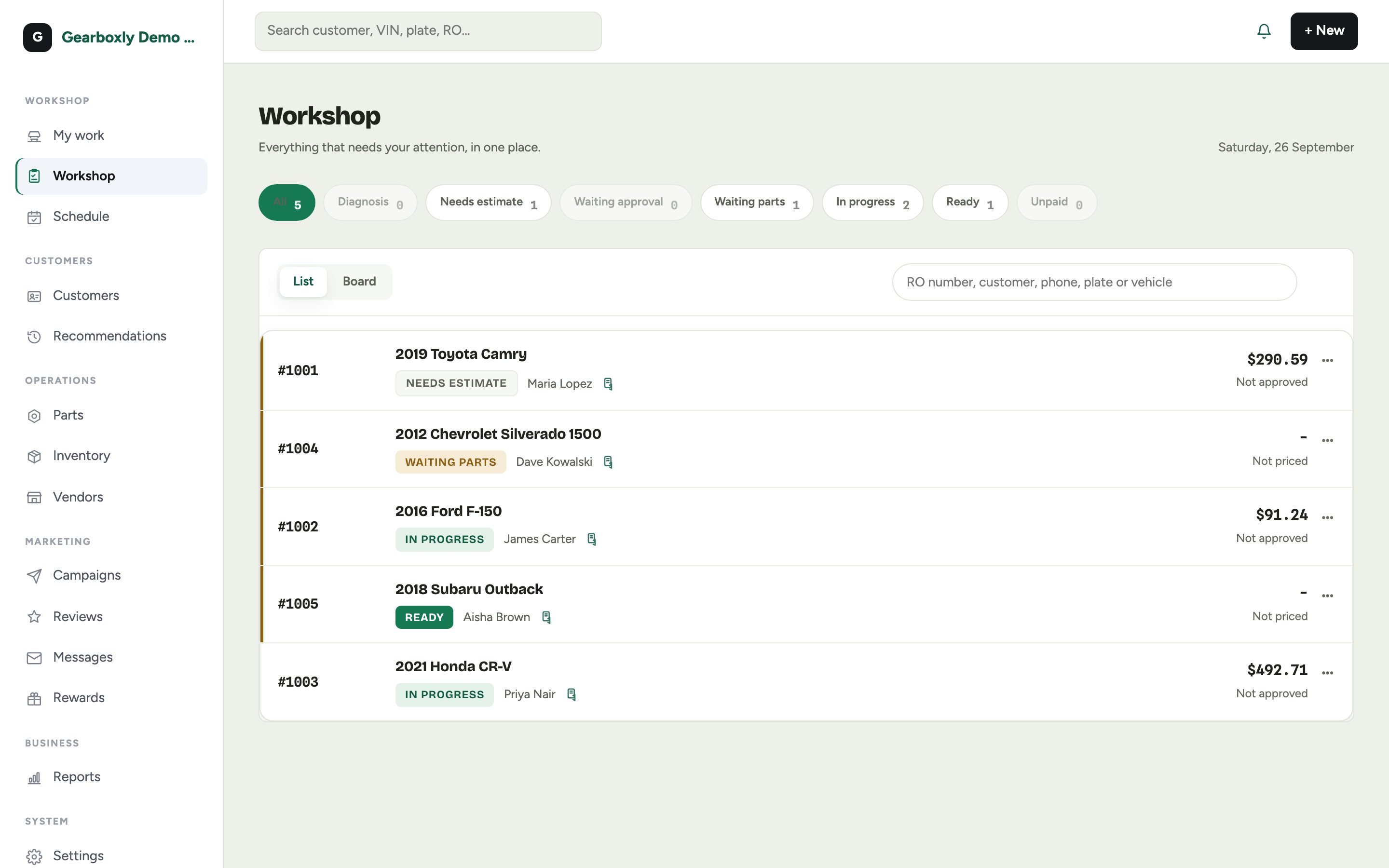 The Gearboxly Workshop list of repair orders with status filters