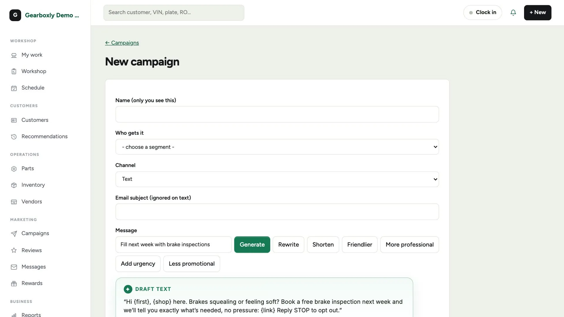 Drafting a Gearboxly marketing campaign with an AI-written message