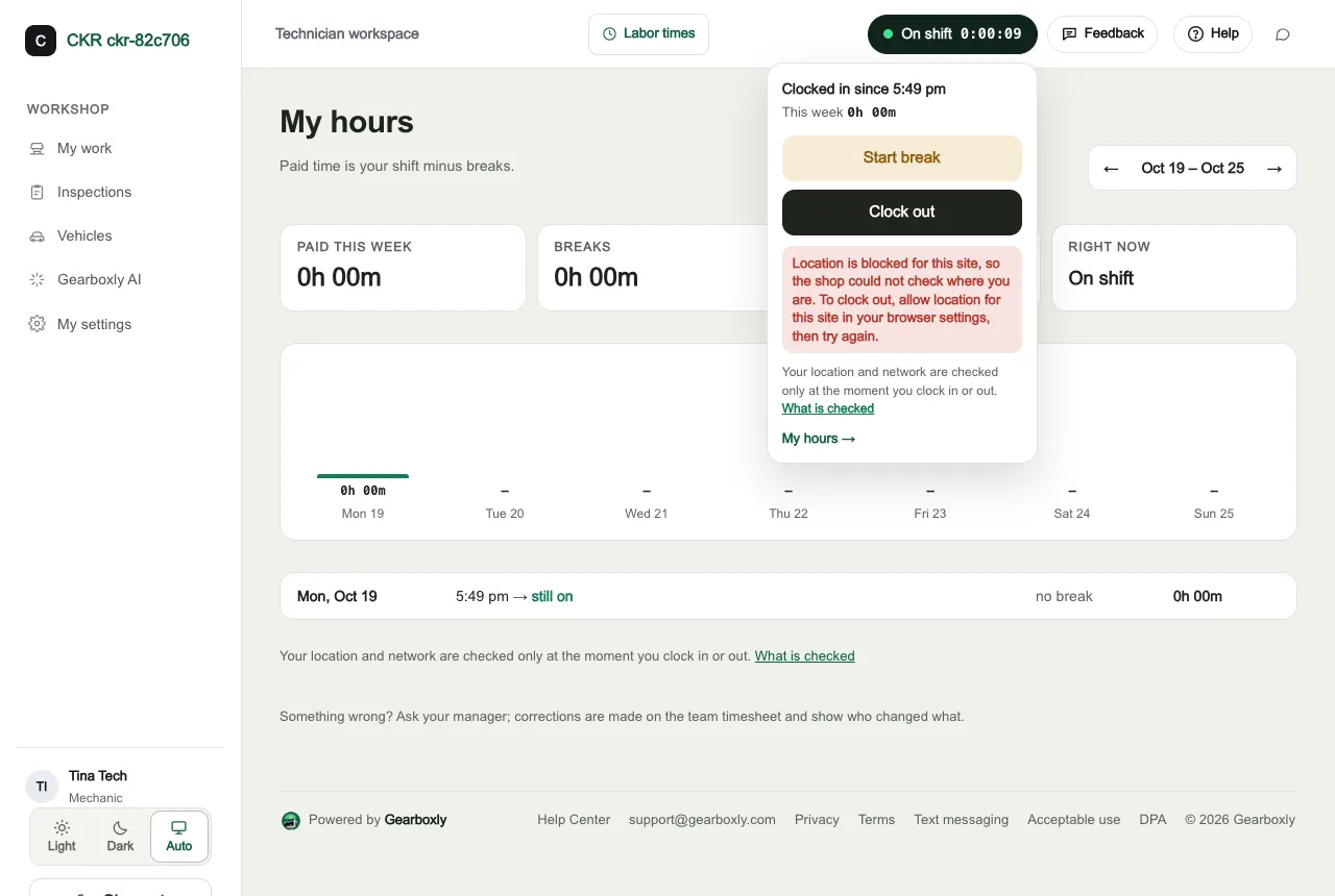 The clock menu telling an employee that location is blocked for this site and how to allow it