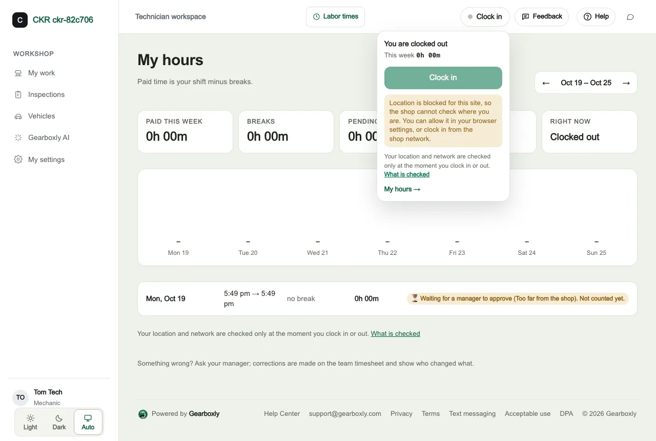 An employee's My hours page with a shift marked Waiting for a manager to approve, Not counted yet