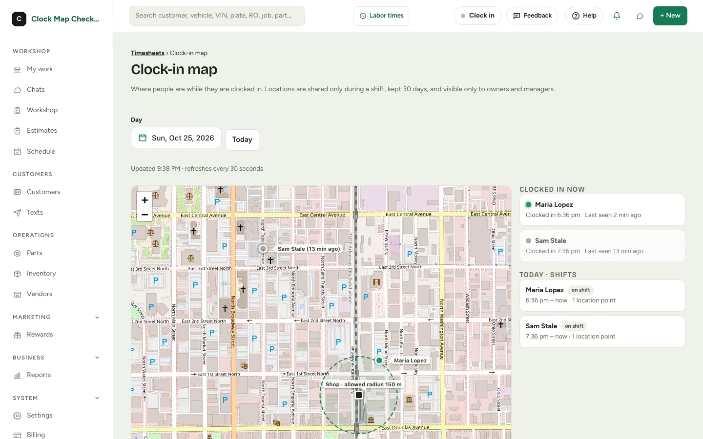 The Clock-in map with live dots for three people who are clocked in, a list beside the map and a circle for the shop radius