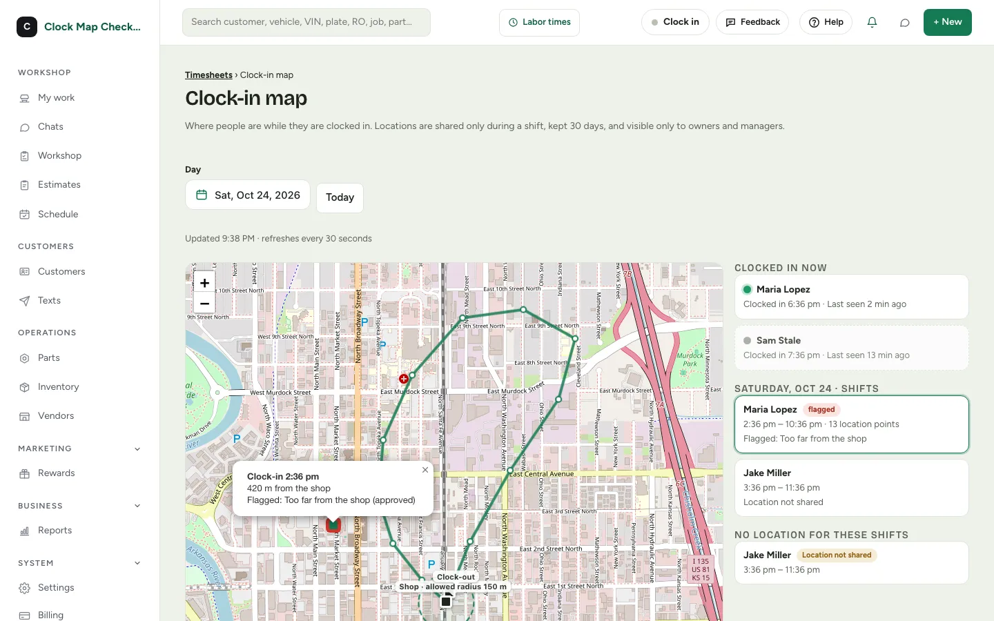 A shift route on the Clock-in map with a flagged clock-in marker open, showing its time, distance from the shop and reason