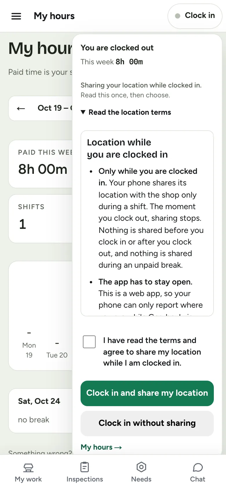 The clock menu on a phone with the location terms, a tick box, Clock in and share my location and Clock in without sharing
