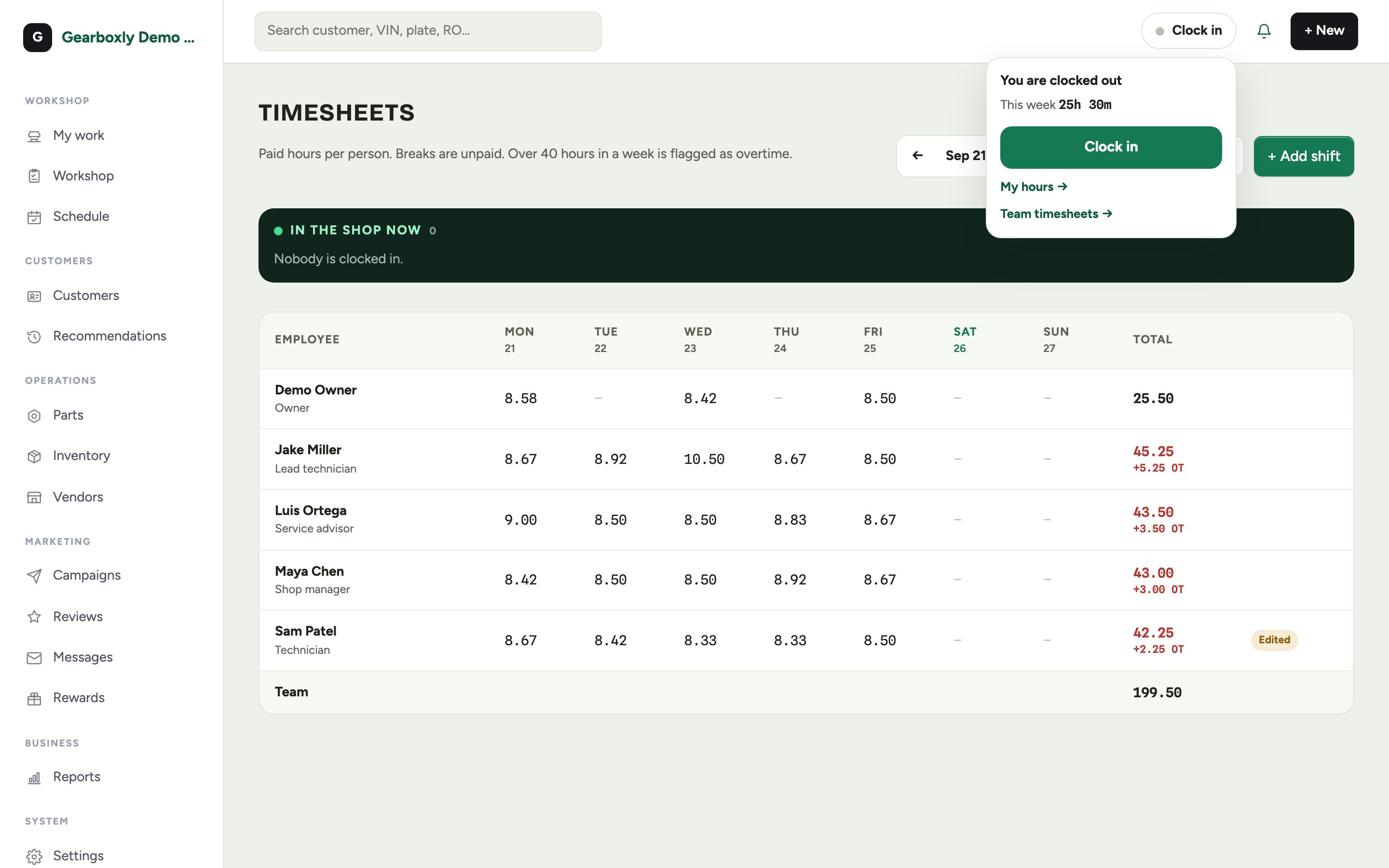 The clock menu open in the top bar with a Clock in button, this week's hours and links to My hours and Team timesheets