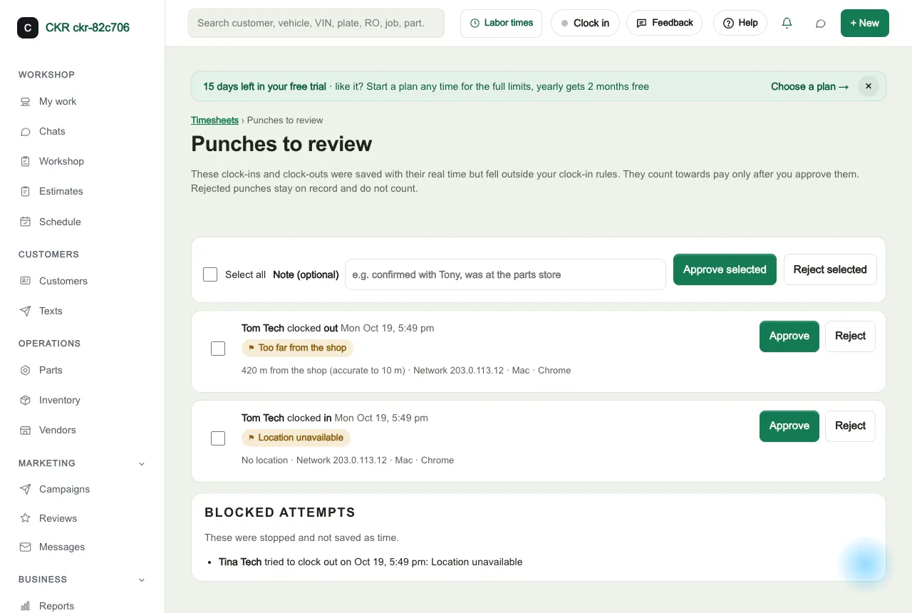 Punches to review: two flagged punches with the reason, distance, network and device, and Approve and Reject buttons
