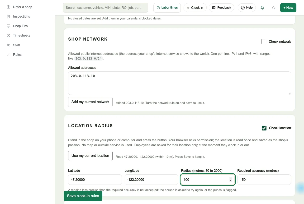 The Clock-in rules page showing the shop network list with an Add my current network button, and the location radius with the shop position, radius and required accuracy