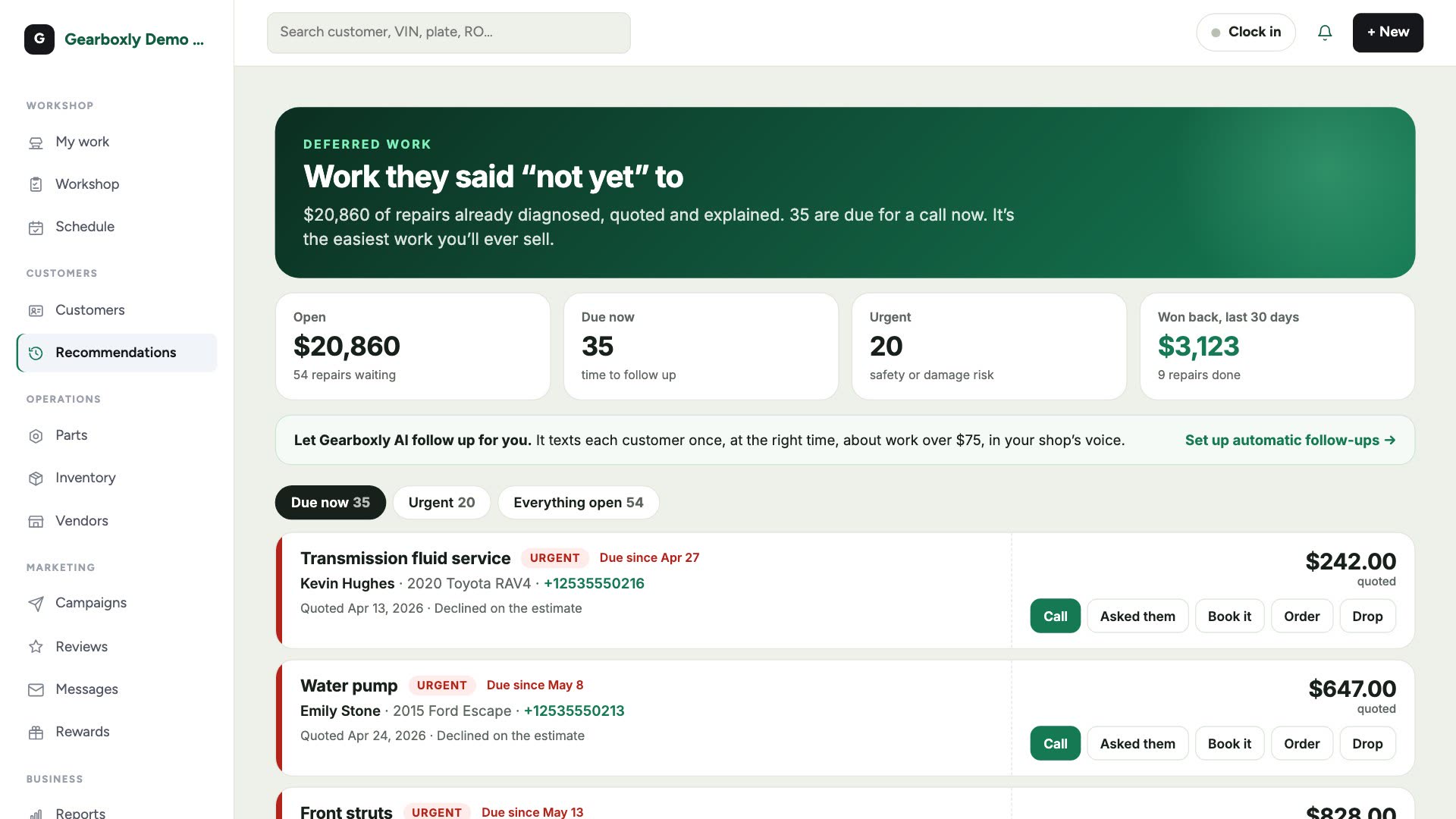 The Deferred work page with totals and a list of declined repairs