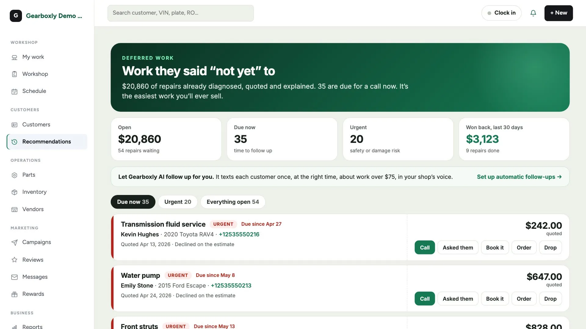 The page a customer sees listing declined work still outstanding