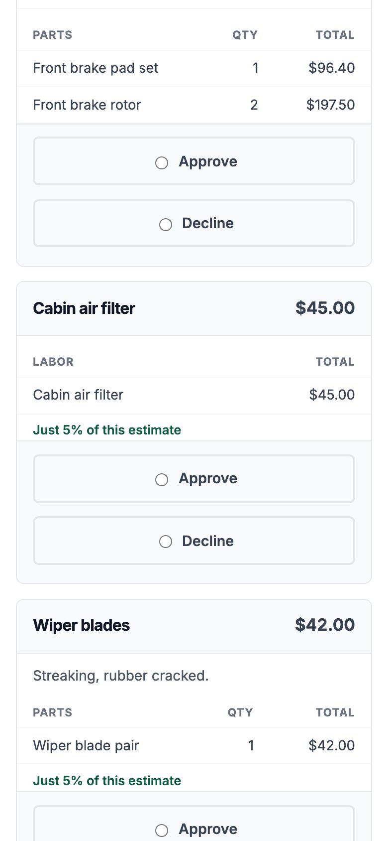 A customer estimate on a phone: cabin air filter and wiper blades each labeled Just 5% of this estimate