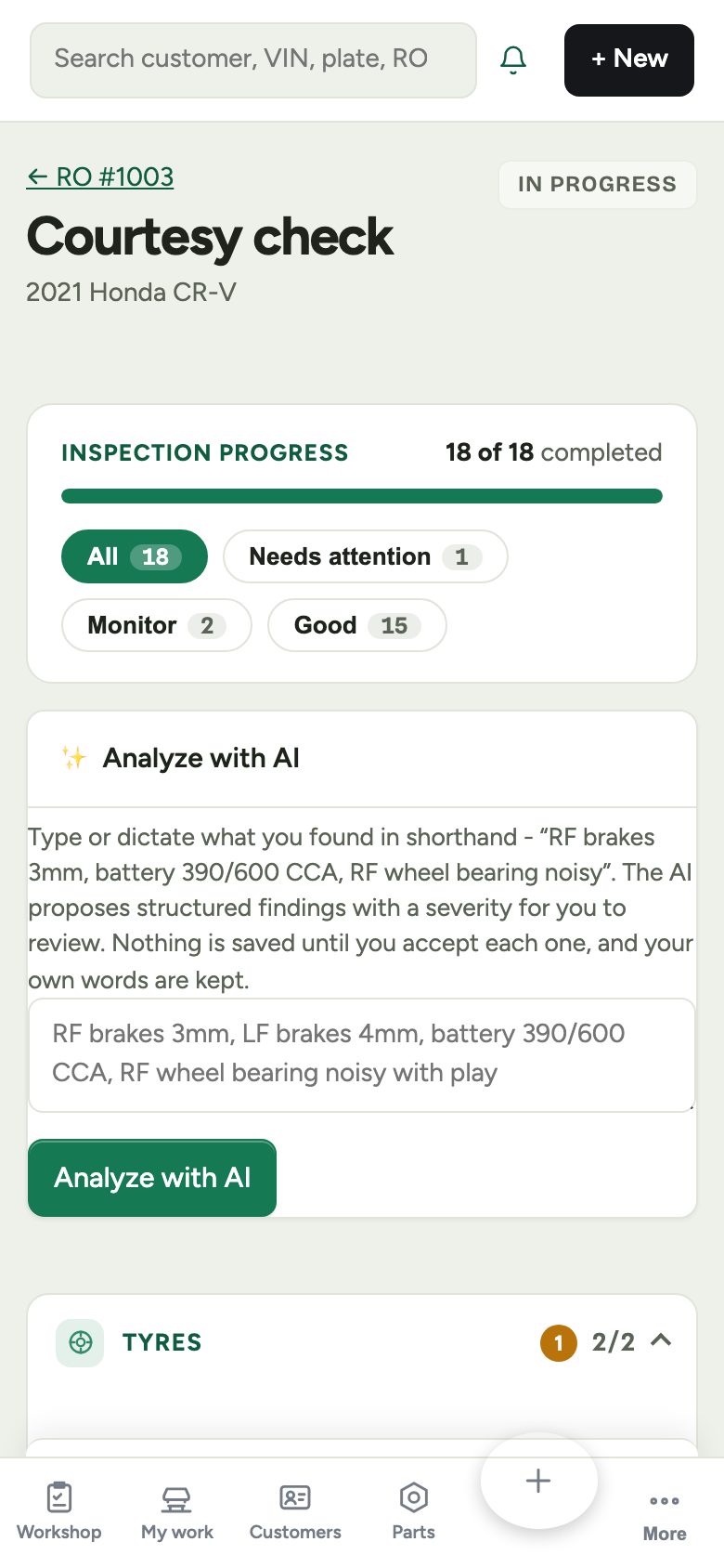 An inspection on a phone showing progress, filters and the first checkpoint