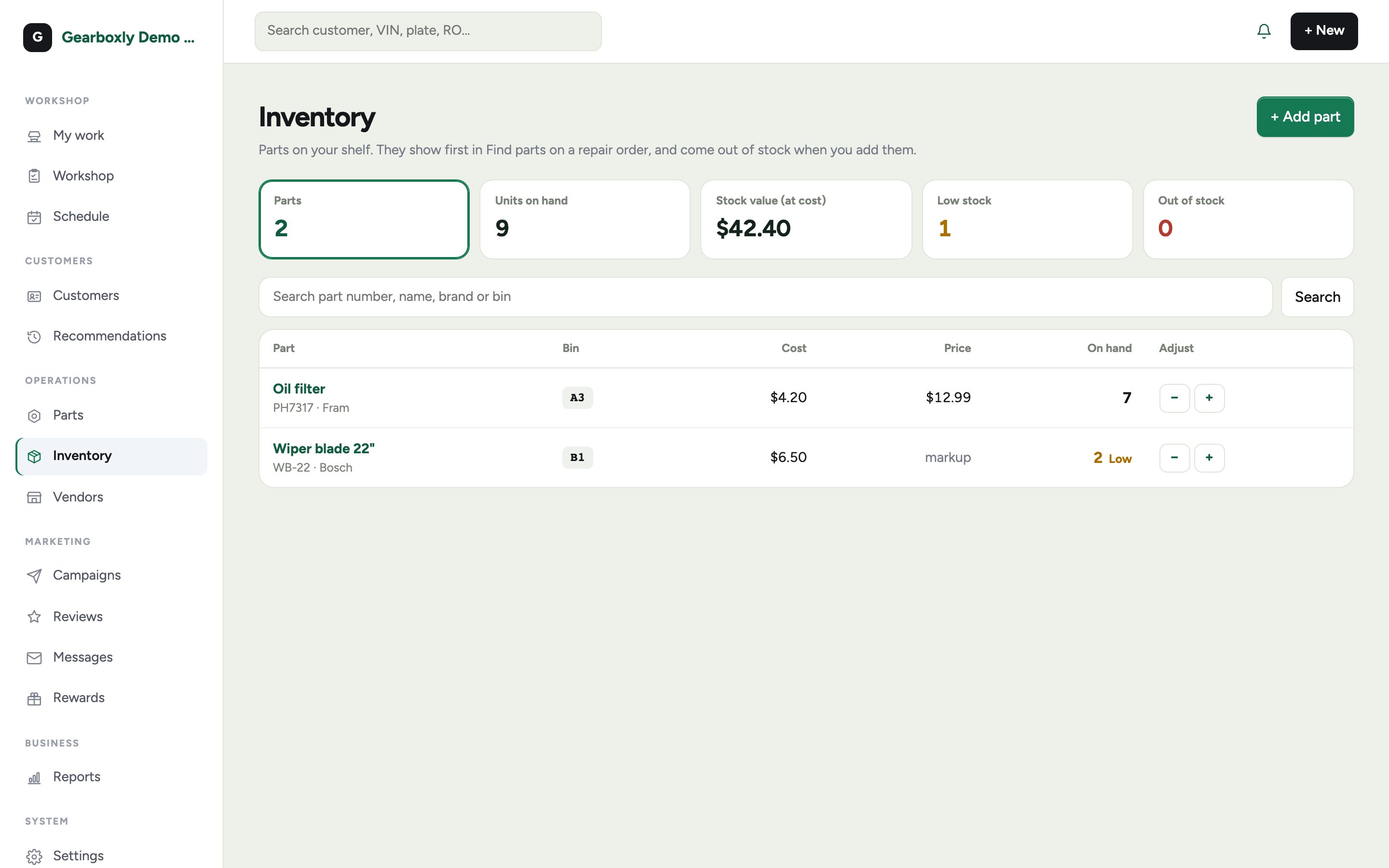 The inventory page listing stocked parts with quantity and location