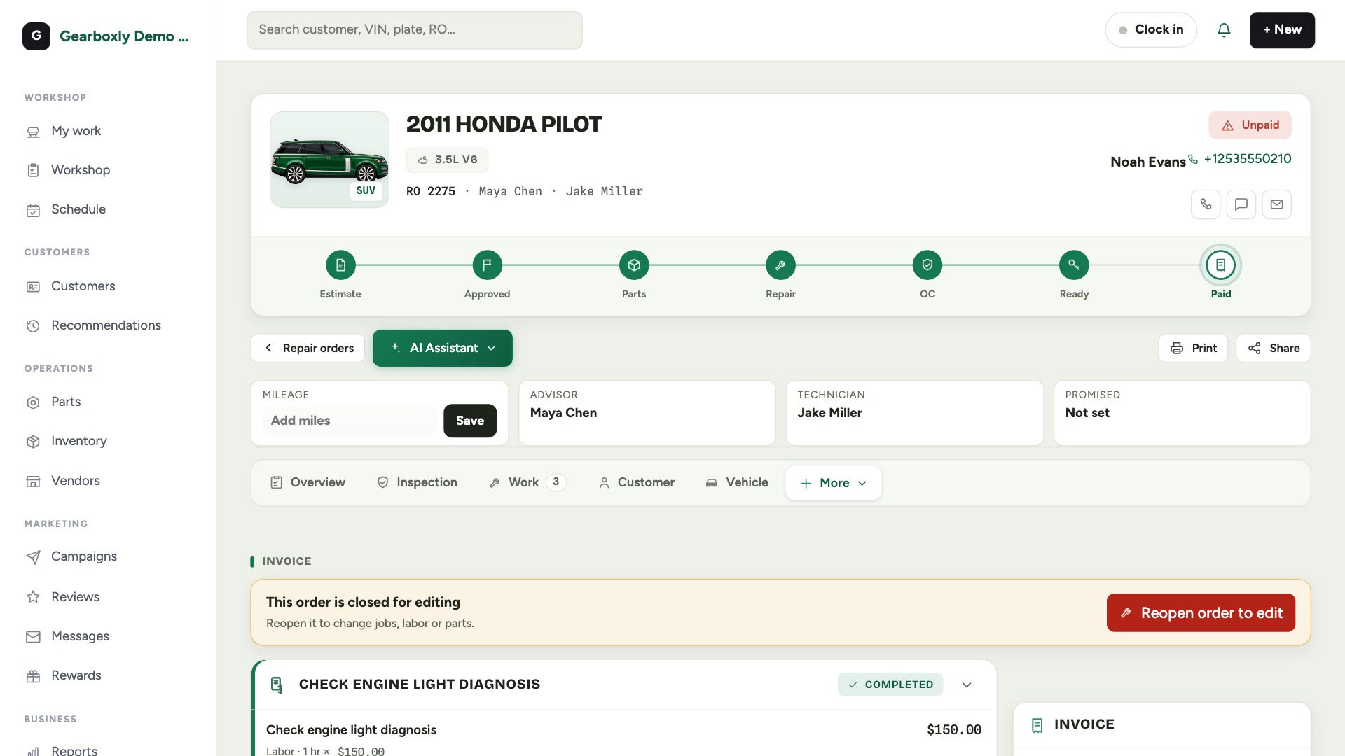 An unpaid repair order with its invoice total