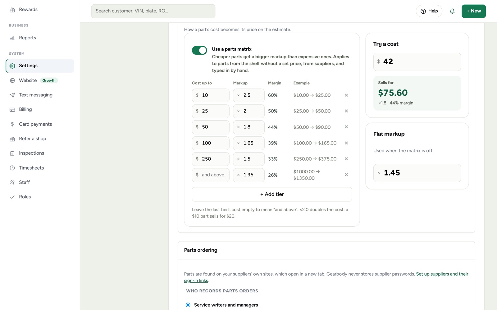 The parts pricing matrix with cost tiers, markups, margins and a price tester
