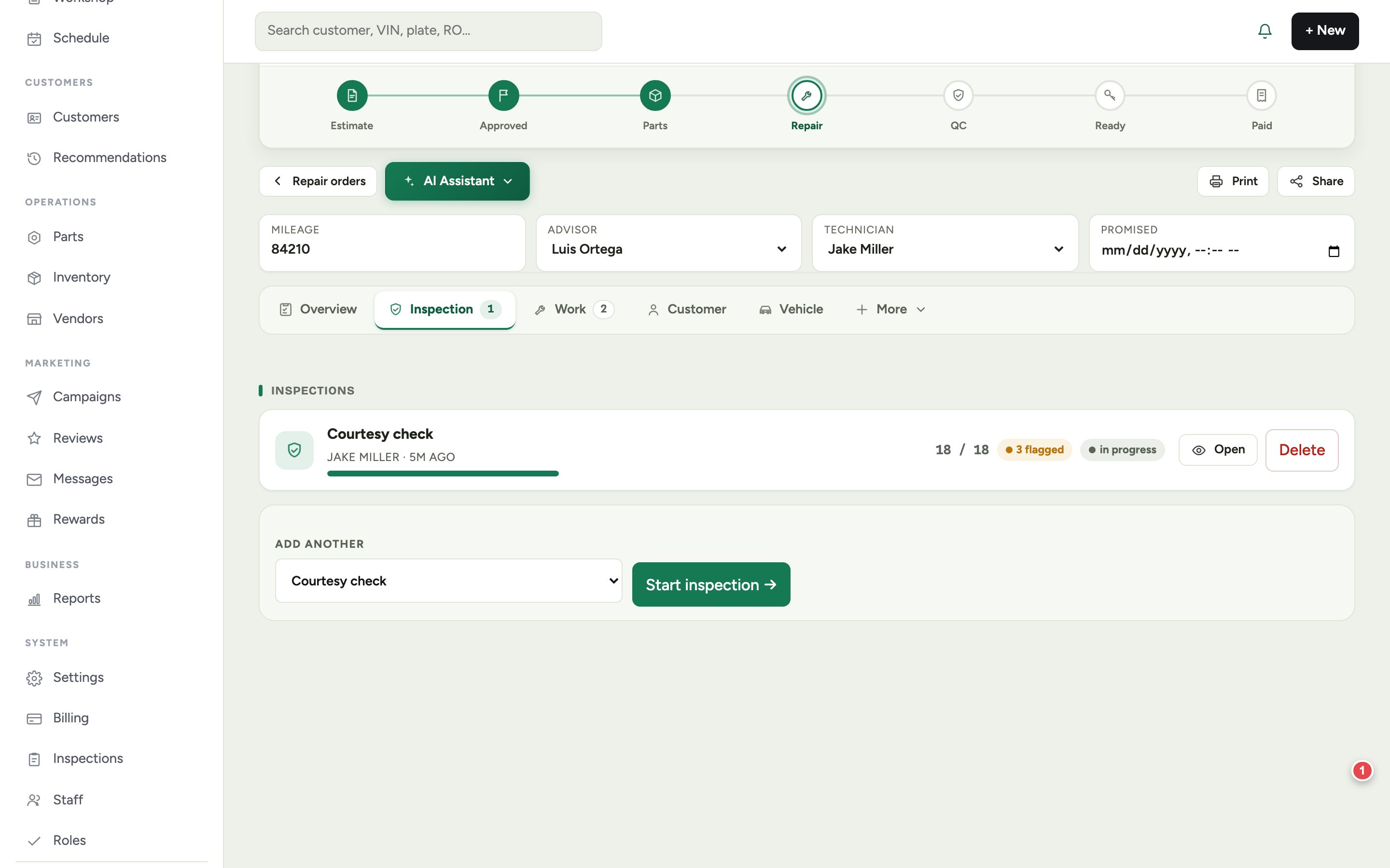 The inspection tab on a repair order