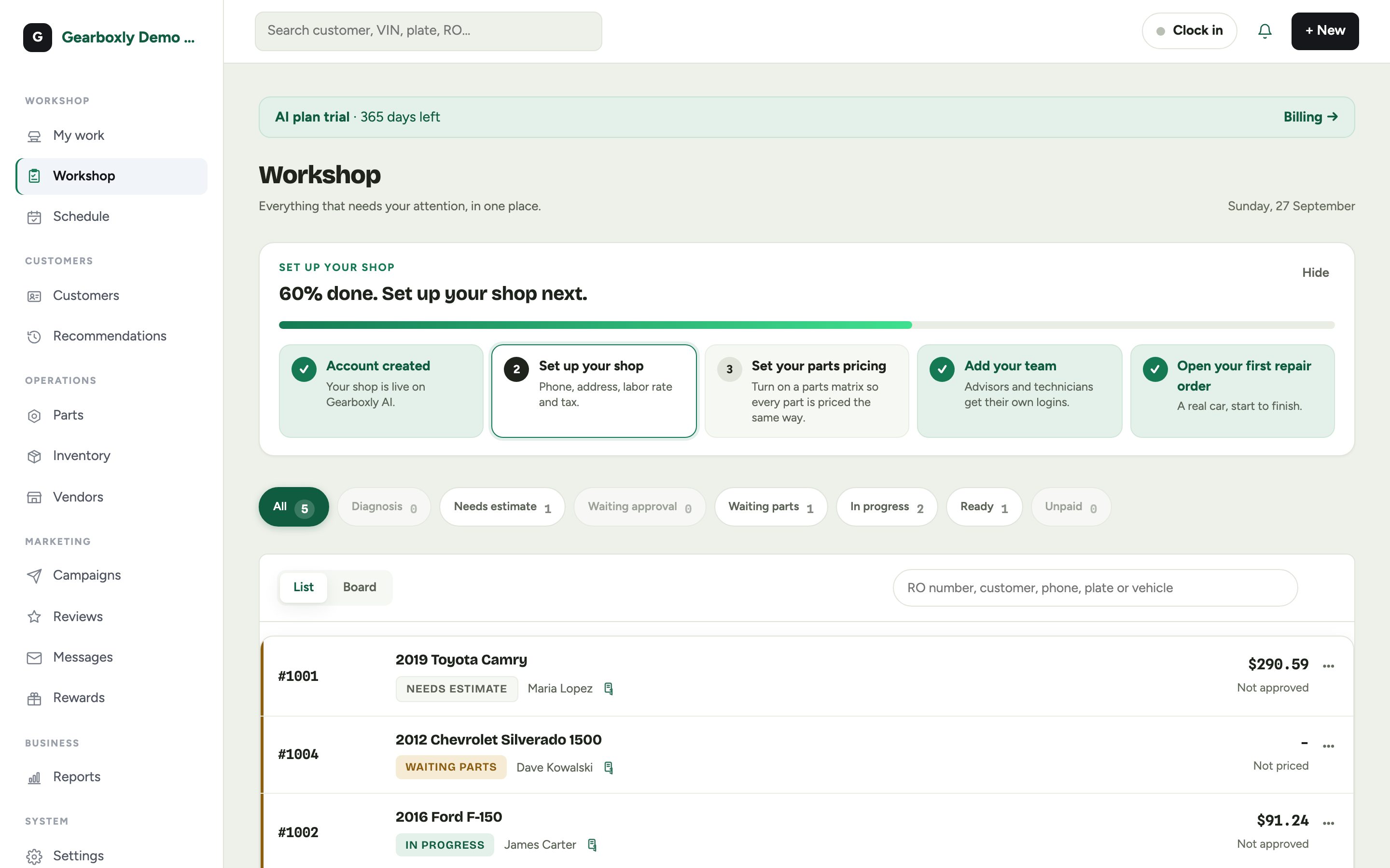 The setup checklist on the Workshop board at 60% with the next step highlighted