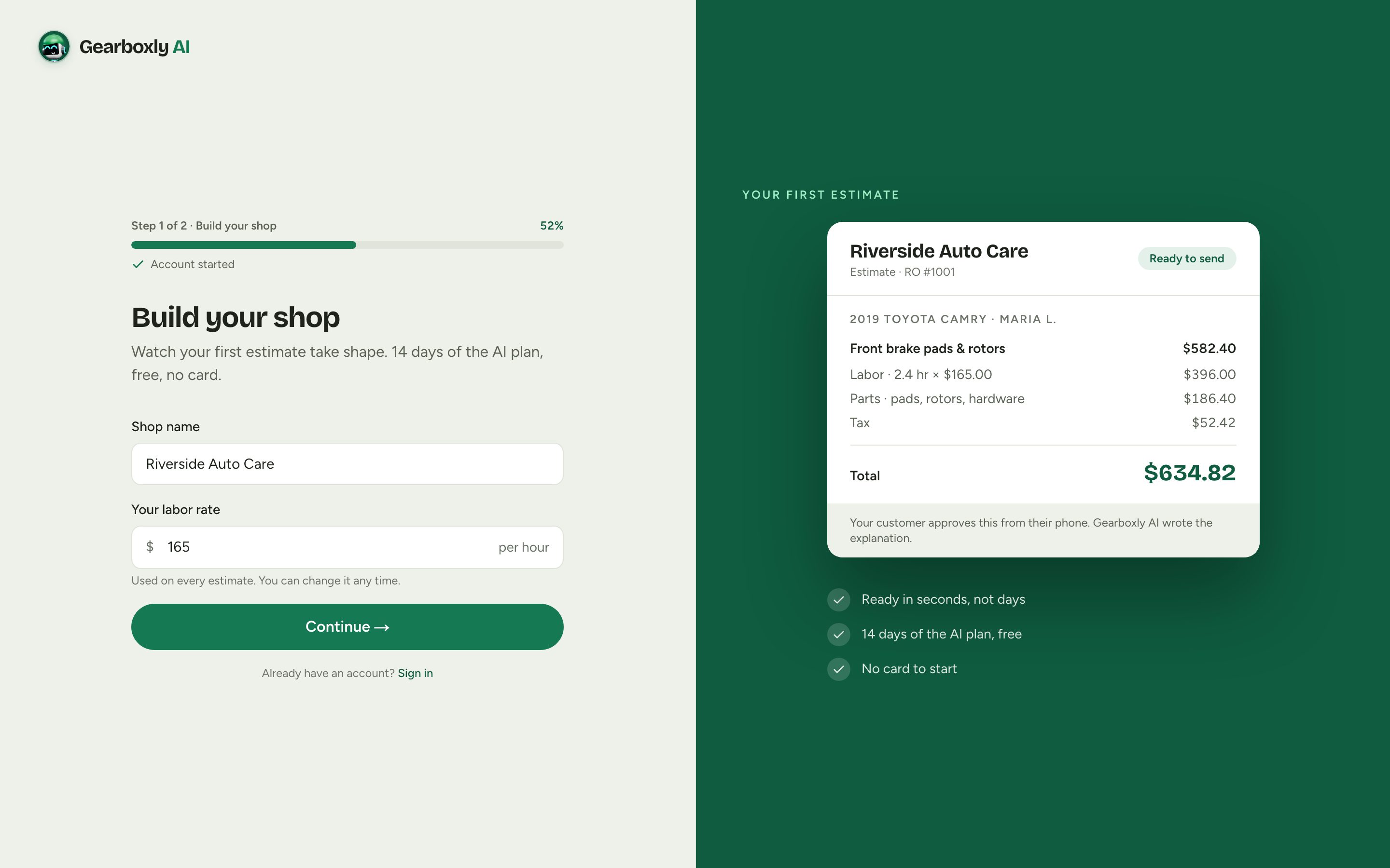 The signup page: shop name and labor rate on the left, a live estimate branded Riverside Auto Care on the right