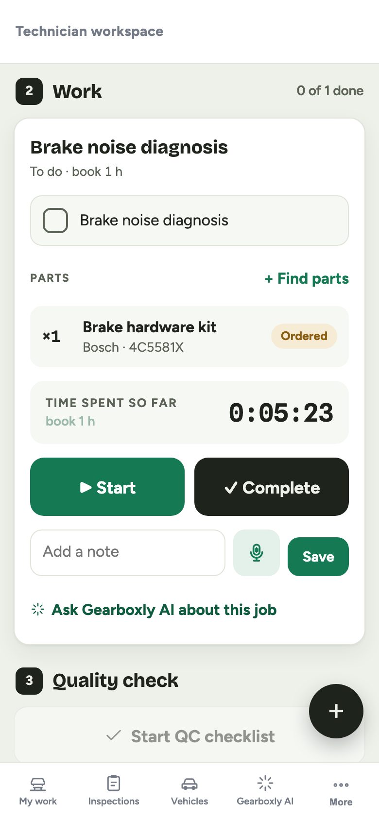 A technician's job card with parts and Start, Pause and Complete