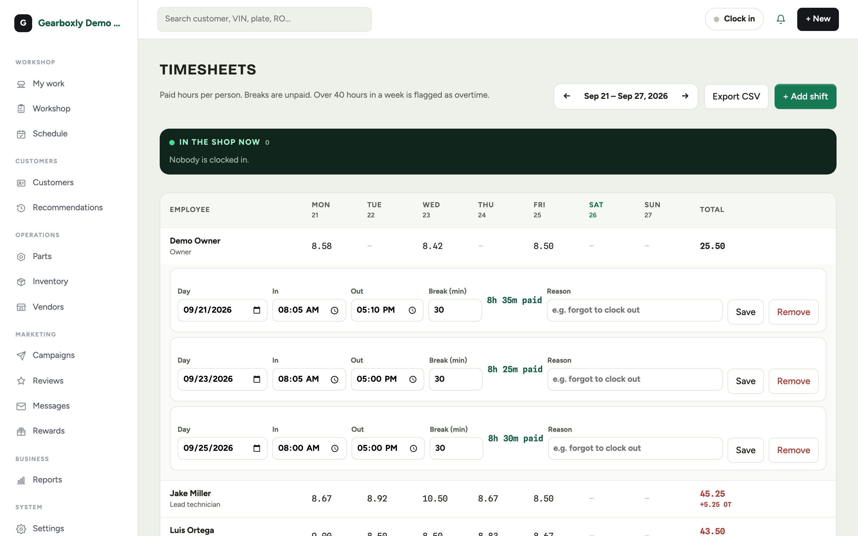 The timesheet with a person expanded to edit their shifts