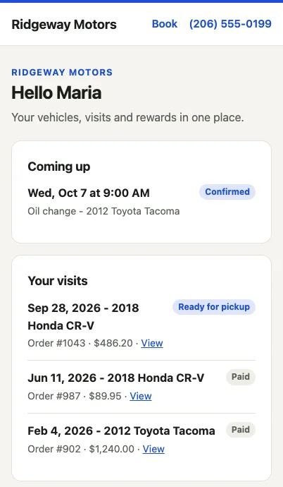 A customer's portal home: upcoming appointment and past visits with totals