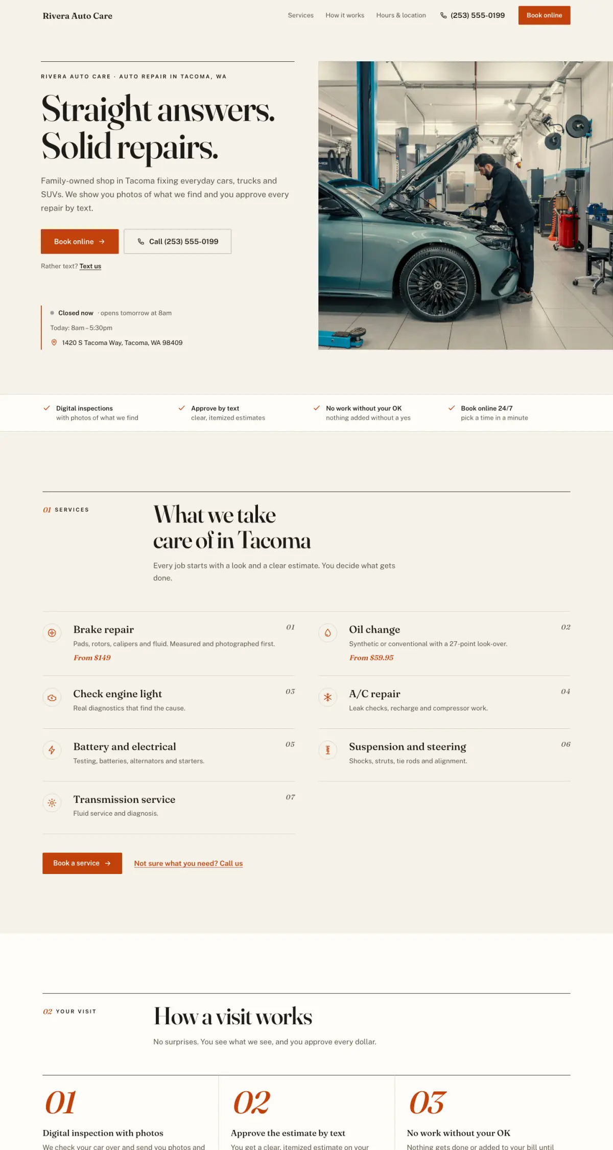 Classic template on a laptop: the demo shop's homepage with services, hours and a Book online button