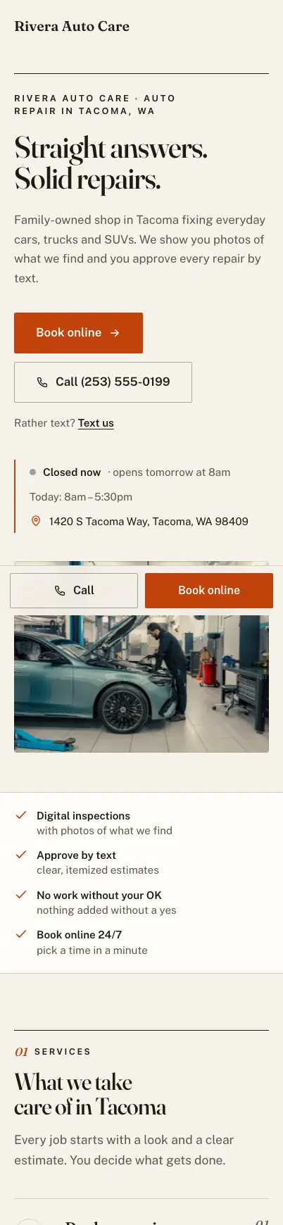 Classic template on a phone, with the sticky Book and Call bar
